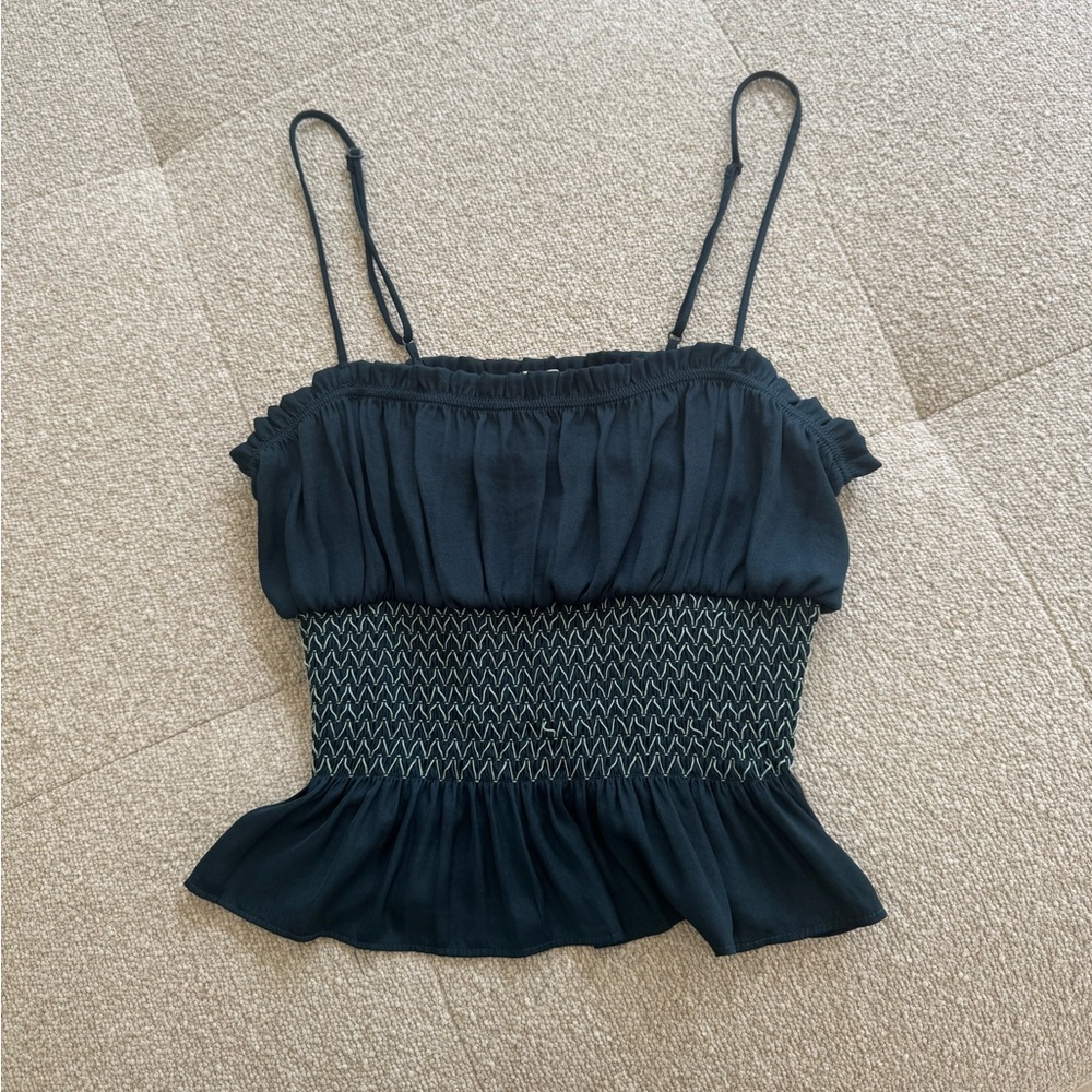 Free People Intimately Smocked Ruffle Cami Top Navy Blue M